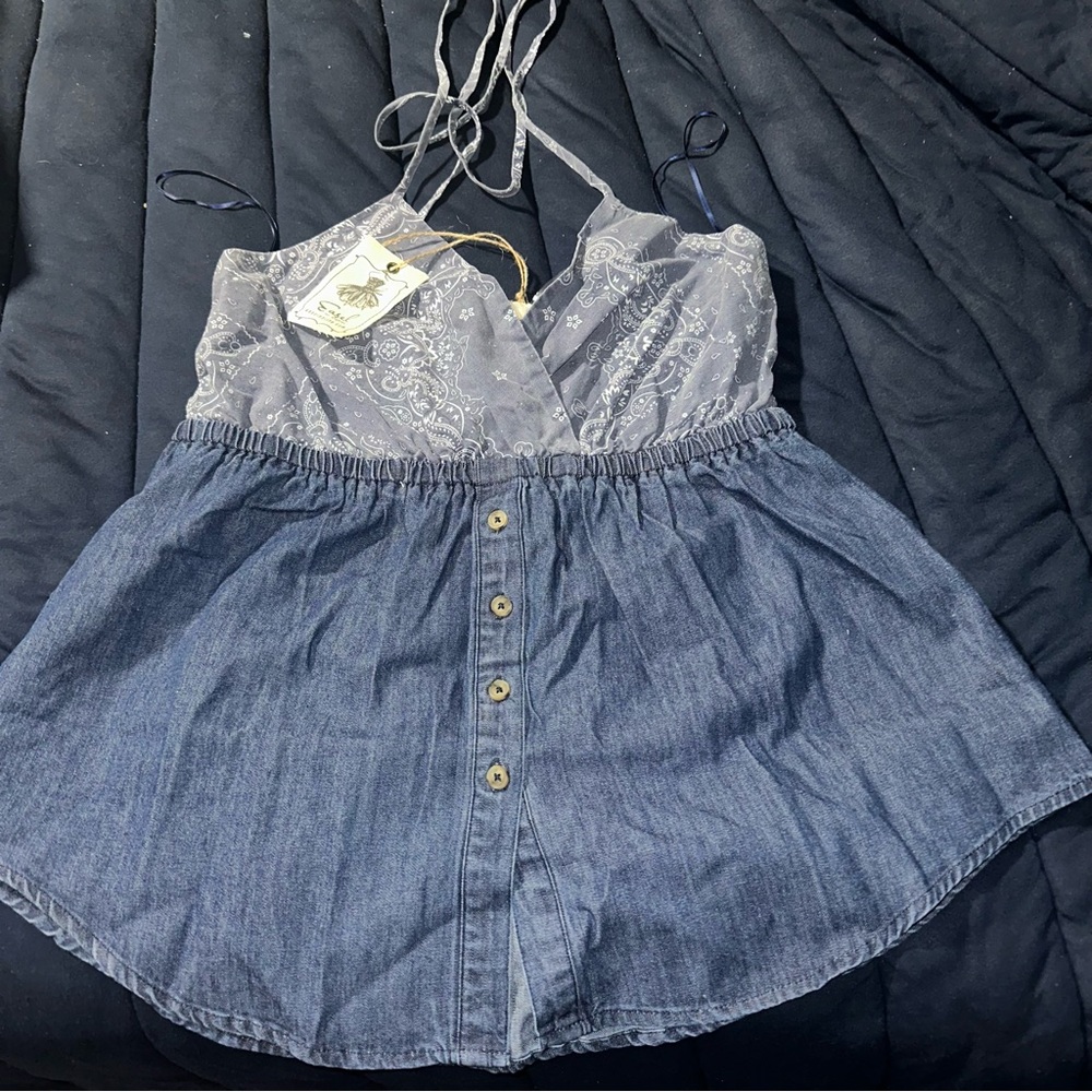 Easel Denim Paisley Halter Top